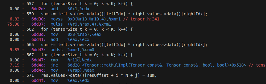 perf output before step 2, showing the cache misses per instruction.